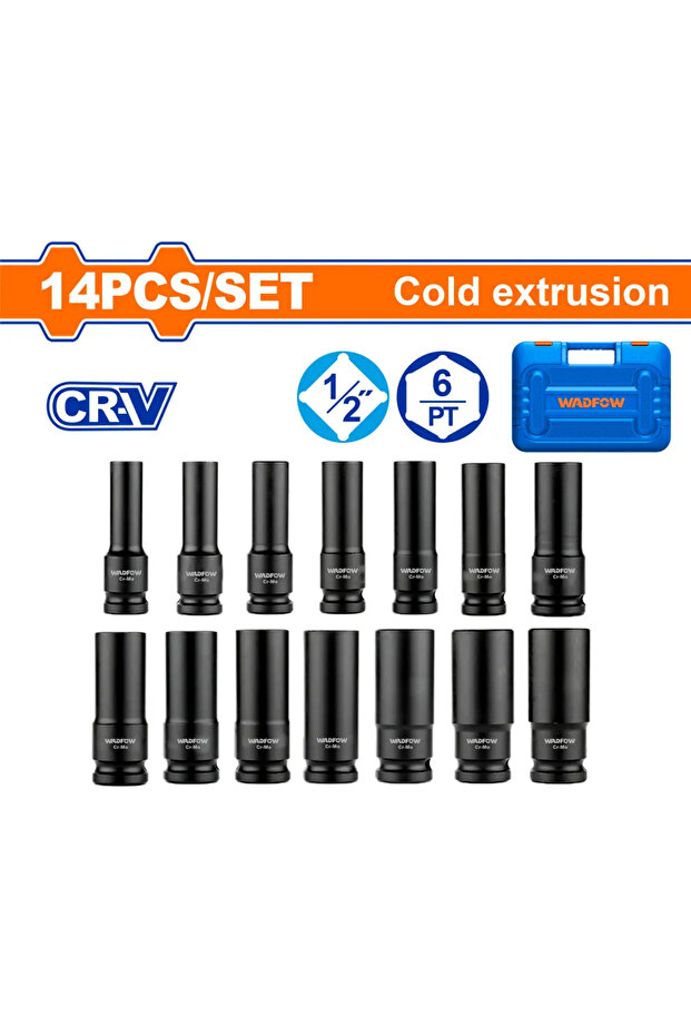 طقم حبوب كروم أسود طويل 1/2" — 14 قطعة — WMS4D02