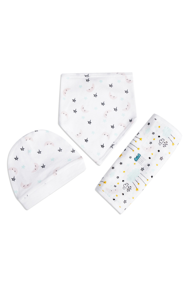 Clouds & Stars Baby Set Mini. Hat/Bib/Burp cloth