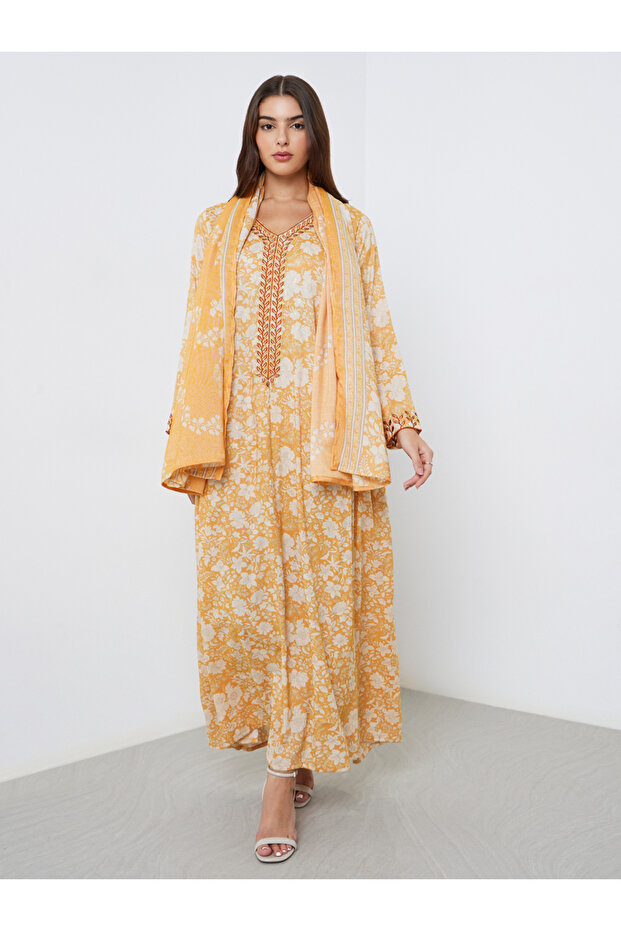 Yellow Floral Print Jalabiya with Scarf