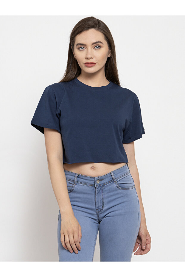 Navy Blue Cotton Short Sleeve Crop T-Shirt
