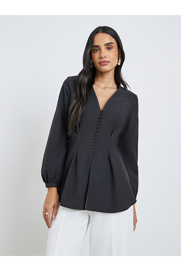 Solid Balloon Sleeve Buttoned Blouse - 3