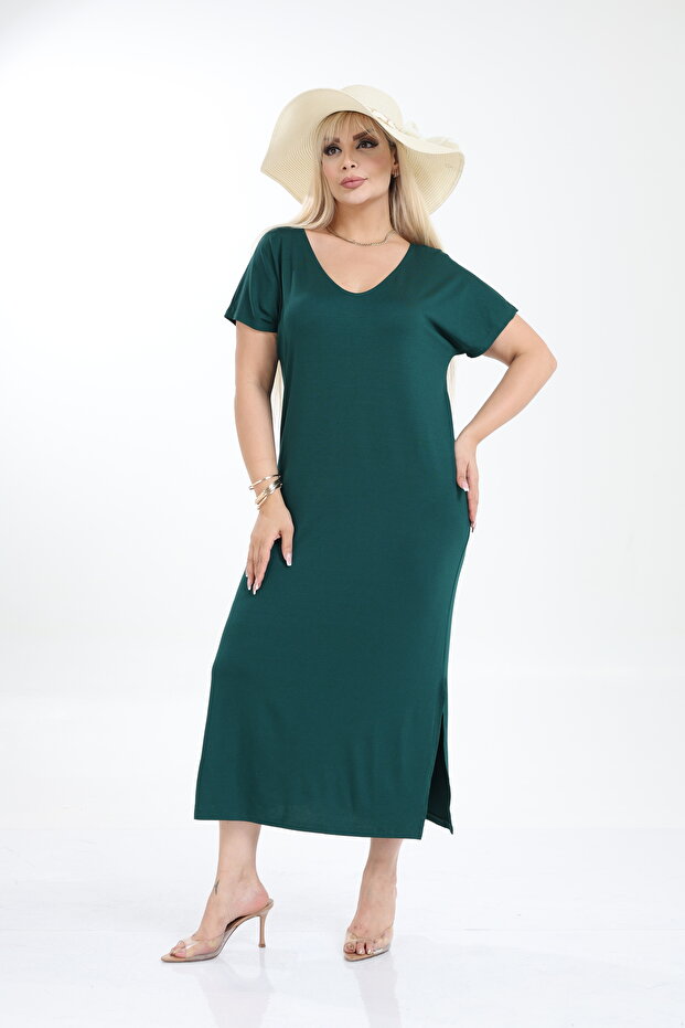 Büyük Beden Kadın Viskon Örme Basic Günlük Elbise - 7