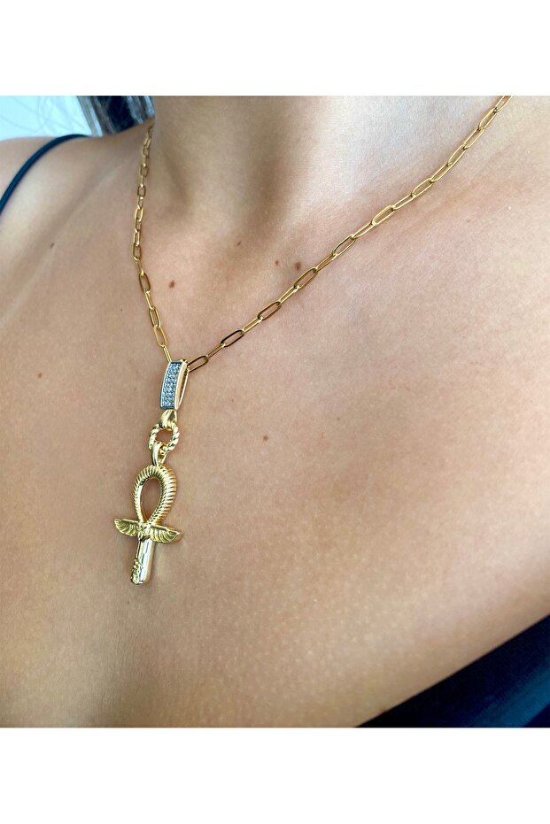 Ankh Kanatlı Gold Çelik Kolye - 2