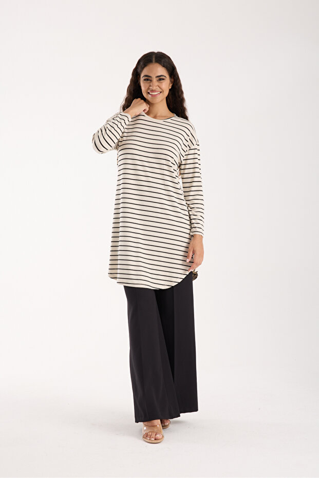 Women's Stone Color Striped Long Sleeve Tunic