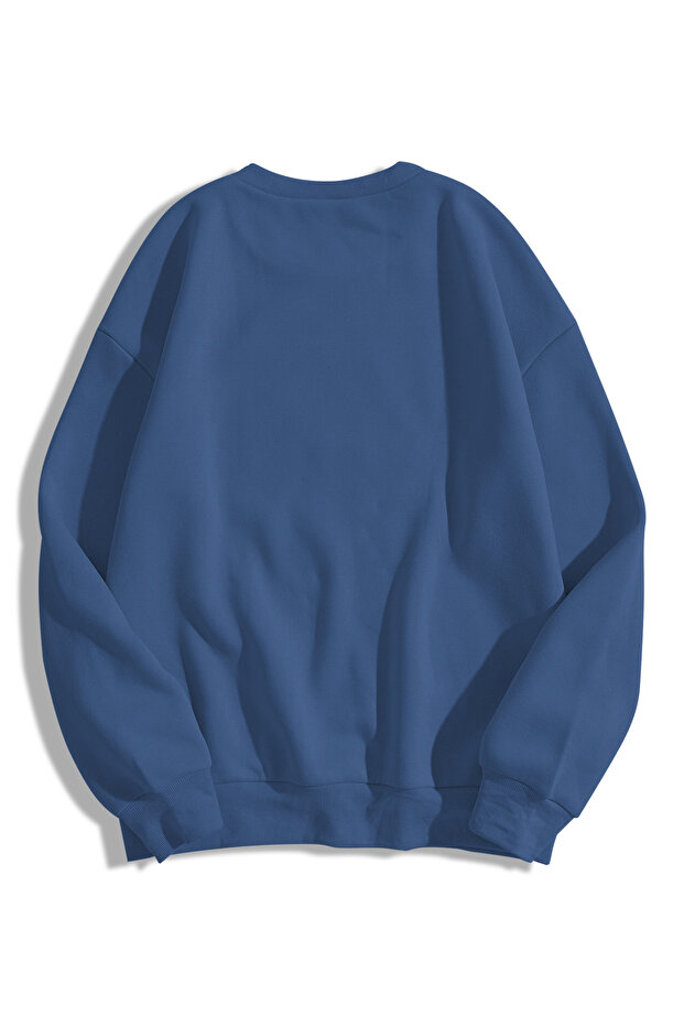 Unisex Basic Bisiklet Yaka Sweatshirt İndigo - 2