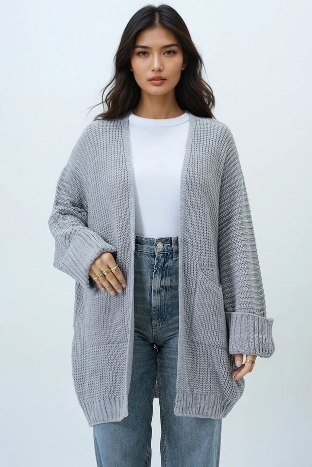 Gray Double Pocket Double Sleeve Thessaloniki Knitted Long Knitwear Cardigan Alc-X14439