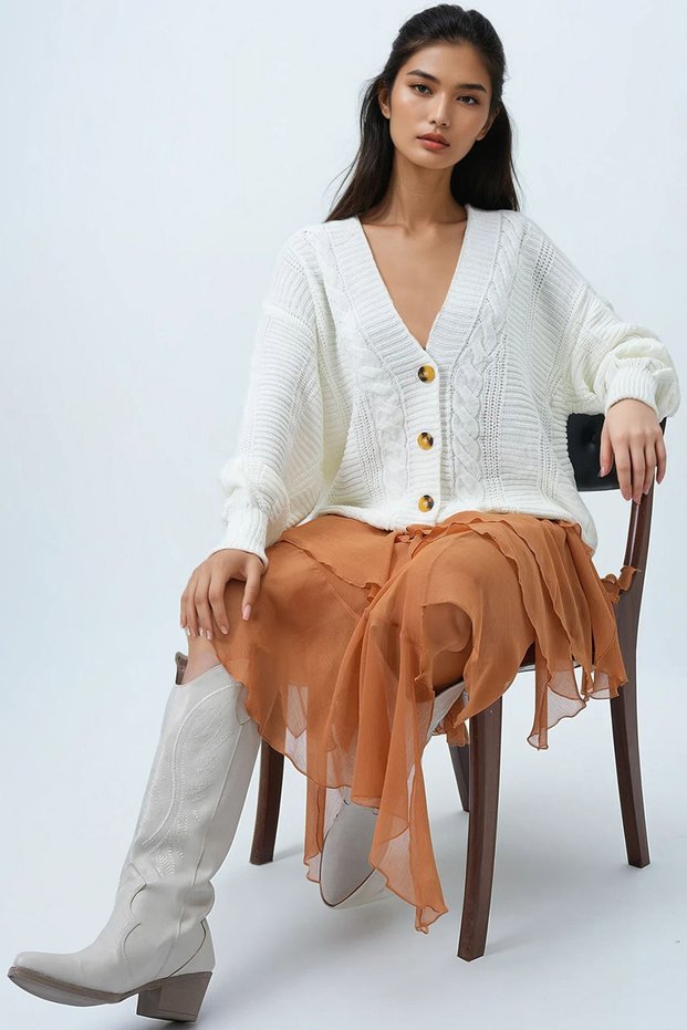 Ecru V-Neck Hair Braid Patterned Balloon Sleeve Knitwear Cardigan Alc-X14438