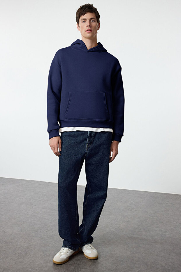 Lacivert Oversize/Geniş Kesim Sırtı Nakış Detaylı Kapüşonlu Sweatshirt TMNAW25SW00142 - 2