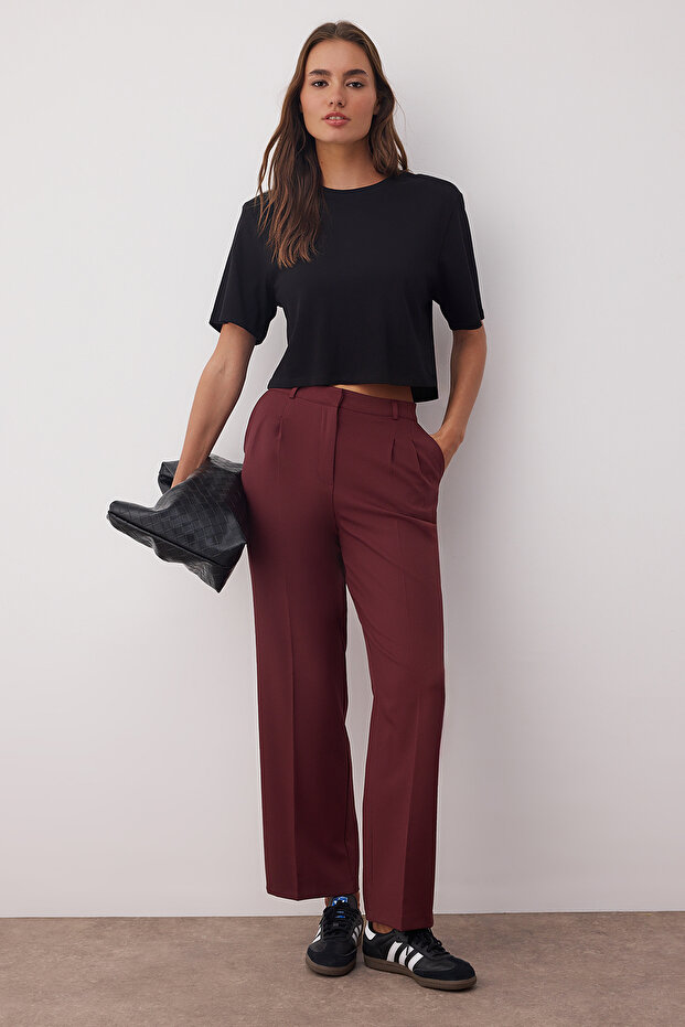 Bordo Straight/Düz Kesim Pilili Dokuma Kumaş Pantolon TWOAW23PL00401 - 4