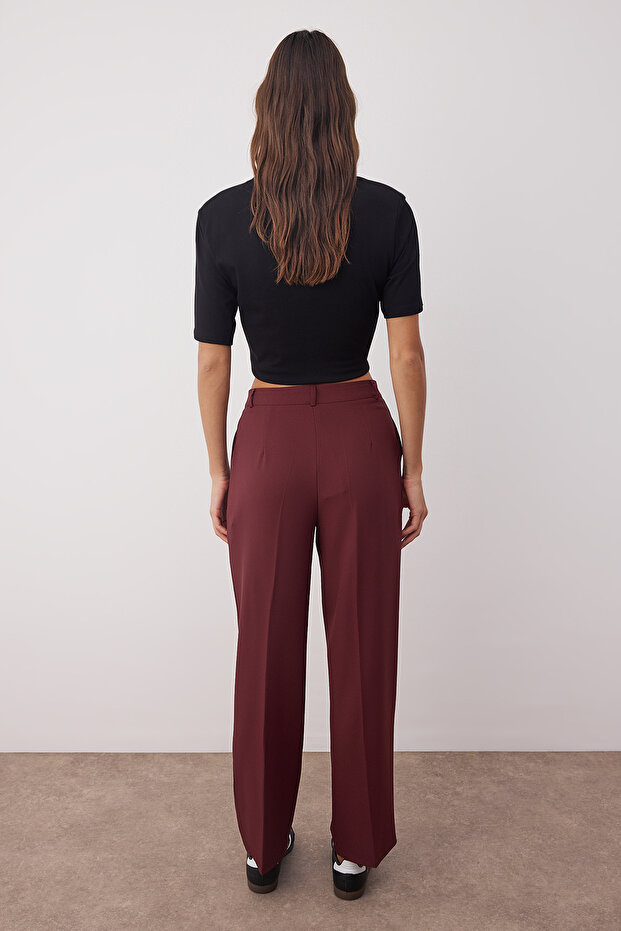 Bordo Straight/Düz Kesim Pilili Dokuma Kumaş Pantolon TWOAW23PL00401 - 5