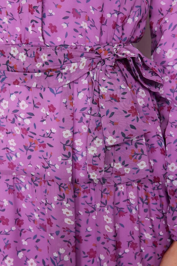 Liliowa, kwiatowa wzorzysta sukienka z paskiem i stójką, szyfonowa, tkana sukienka TCTSS21EL3346 - 5