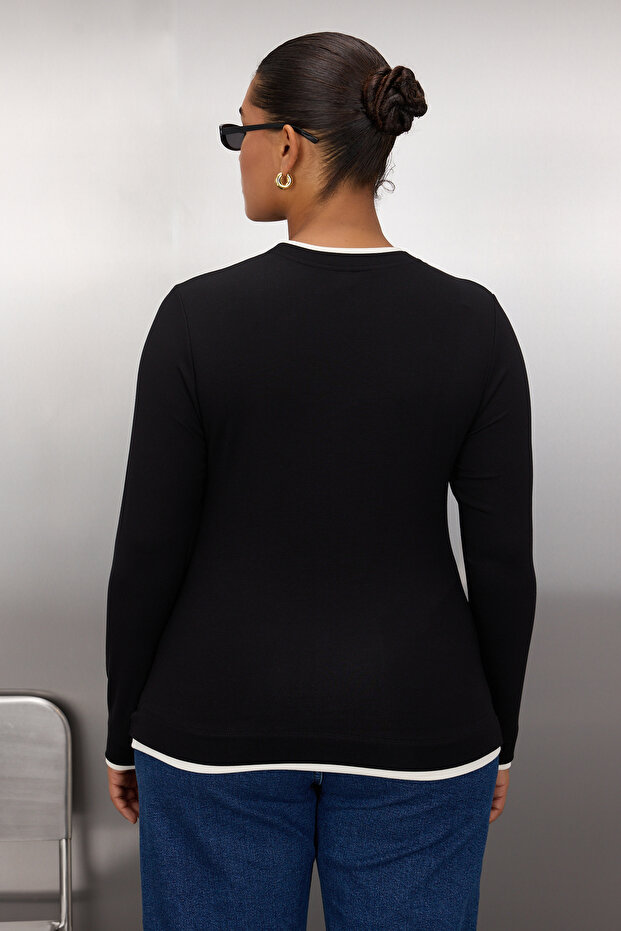 Siyah Yaka Detaylı Fitted/Vücuda Oturan Viskon/Yumuşak Kumaşlı Esnek Örme Bluz TBBAW26AF00040/Siyah - 6