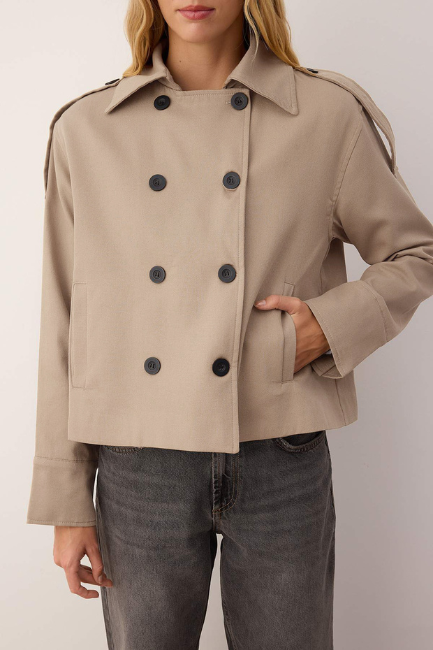Bej Kruvaze Oversize Kısa Trençkot TWOAW26TR00020 - 3