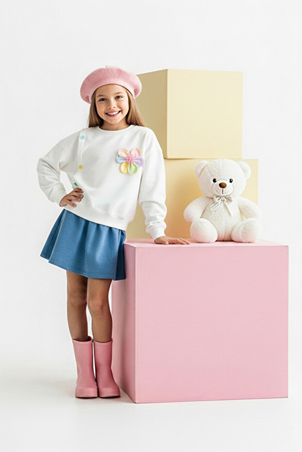 Ekru Pamuklu Çiçekli Kız Çocuk Regular Örme Sweatshirt TKDAW25SW00020