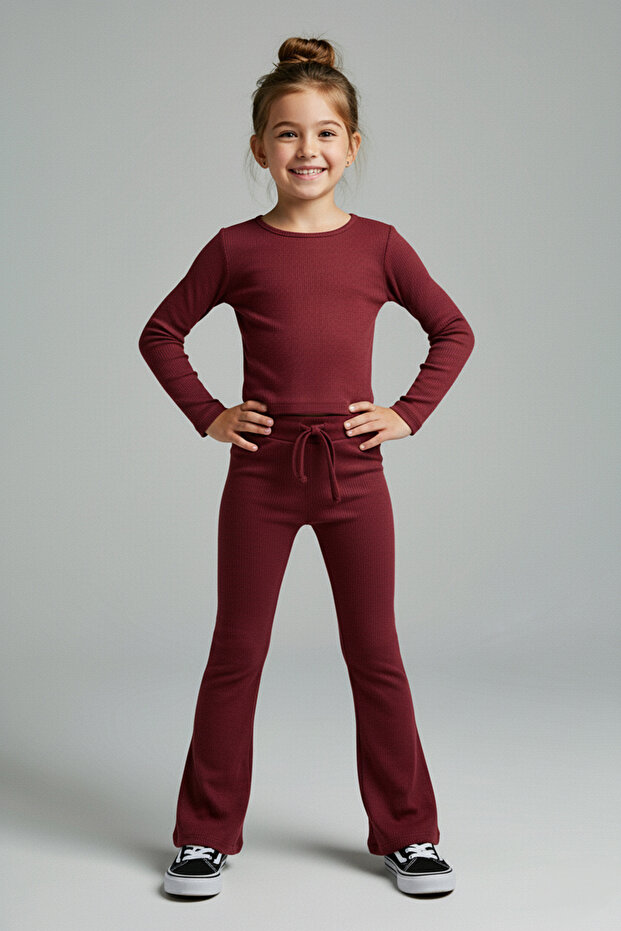 Bordo Düz/Basic Esnek Bisiklet Yaka Regular Örme Kız Çocuk Taytlı Alt - Üst Takım TKDAW26AU00010 - 1