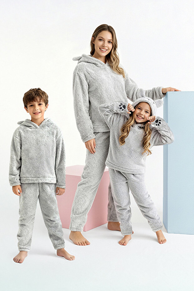 Gri Kapüşonlu ve Nakışlı Wellsoft Kışlık Örme Pijama Takımı THMAW25PT00143 - 2