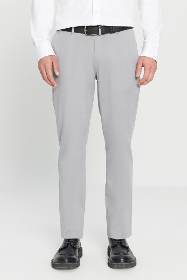 Erkek Gri Slim Fit Dar Kesim Yan Cep Pamuklu Esnek Chino Pantolon - 1