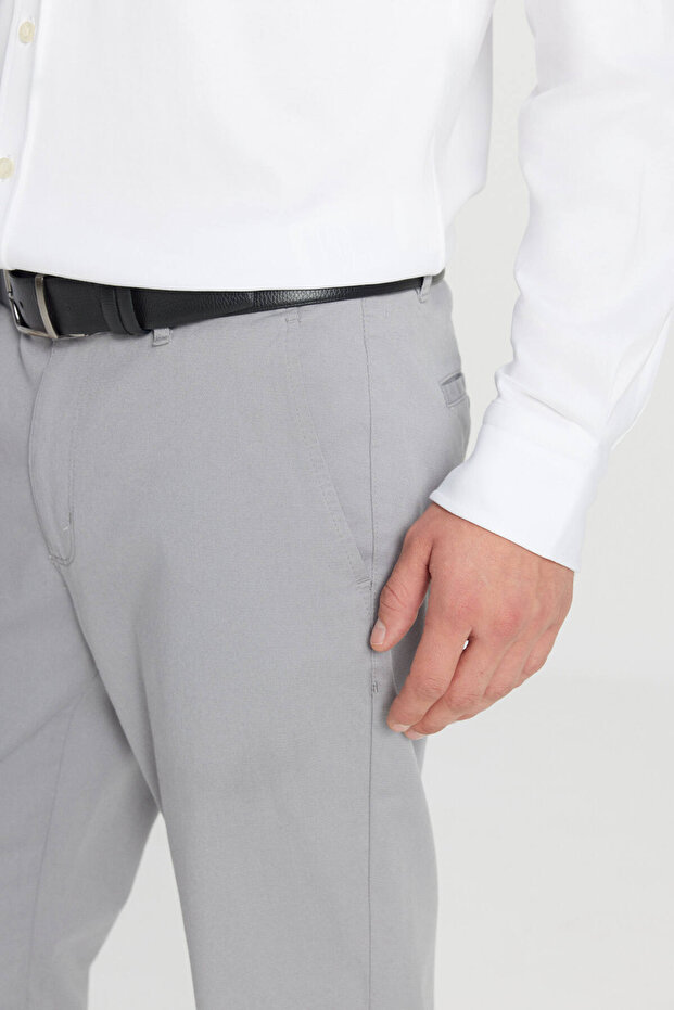 Erkek Gri Slim Fit Dar Kesim Yan Cep Pamuklu Esnek Chino Pantolon - 7
