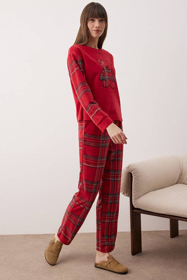 Kırmızı Ekoseli Polar Örme Pijama Takımı THMAW26PT00173 - 3