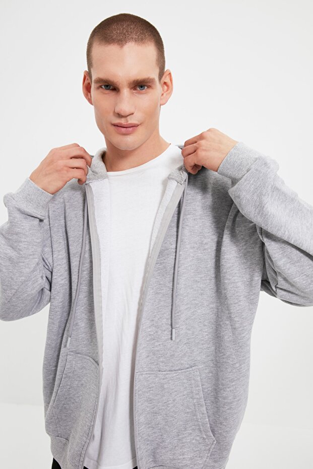 Gri Oversize/Geniş Kesim Fermuarlı Kapüşonlu Şardonsuz Sweatshirt-Hırka TMNAW22SW0620 - 6