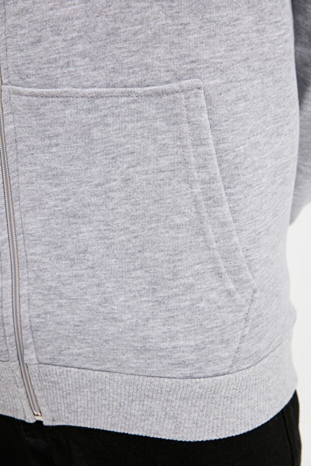 Gri Oversize/Geniş Kesim Fermuarlı Kapüşonlu Şardonsuz Sweatshirt-Hırka TMNAW22SW0620 - 9