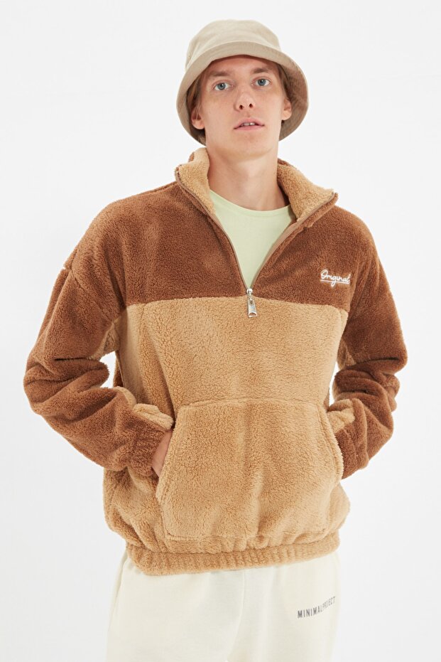 Camel Unisex Oversize/Geniş Kesim Renk Blok Sıcak Tutan Peluş Sweatshirt TMNAW22SW1477 - 9