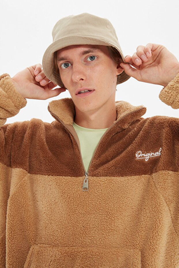 Camel Unisex Oversize/Geniş Kesim Renk Blok Sıcak Tutan Peluş Sweatshirt TMNAW22SW1477 - 10