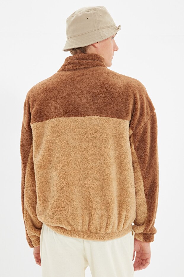 Camel Unisex Oversize/Geniş Kesim Renk Blok Sıcak Tutan Peluş Sweatshirt TMNAW22SW1477 - 12