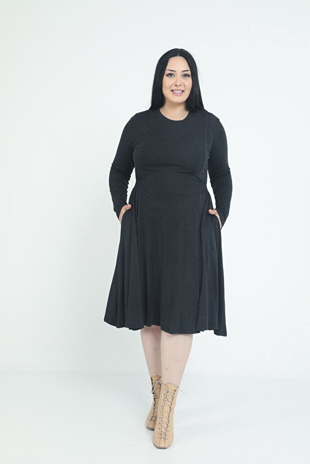 Plus Size Round Neck Pocket Waist Side Gathered Wool Viscose Midi Black Dress