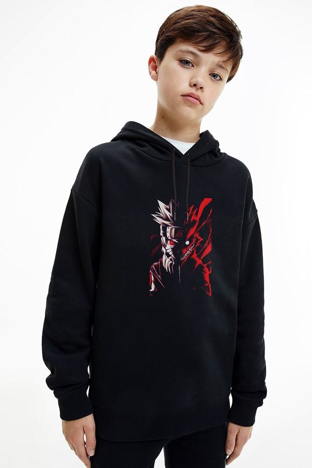 Anime Naruto Red White Printed Unisex Kids Hooded Black Sweatshirt