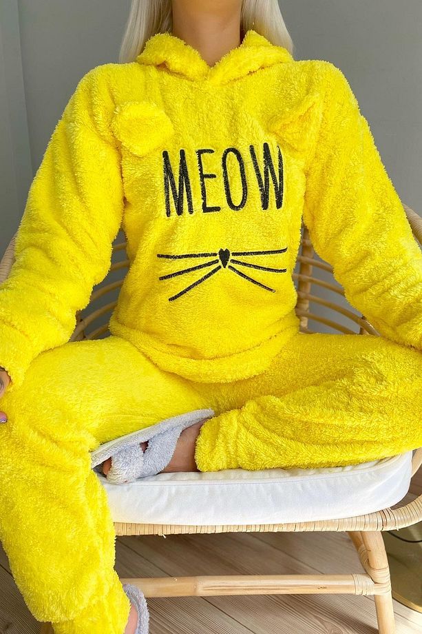 Sarı Meow Desenli Tam Peluş Pijama Takımı - 4