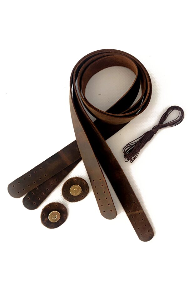 Genuine Leather Bag Handle Double 75 cm Magnetic Bag Snaps Waxed Rope Set Crazy Horse