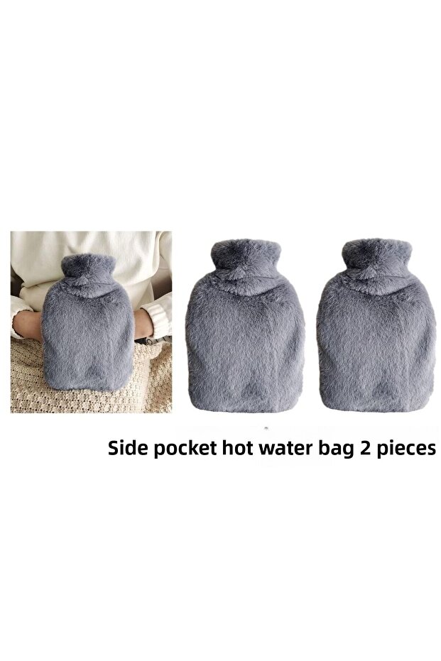 2 Pcs Hot Water Bag with Side Pocket Gray Plush Warm Compress 27X17X2Cm 1 Liter