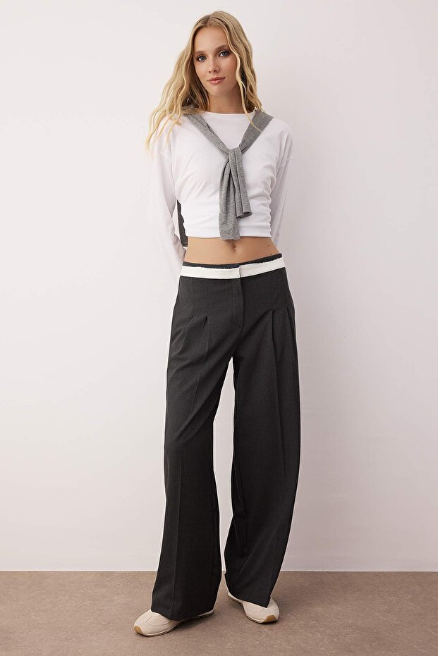 Antrasit Bel Ek Kumaş Detaylı Wide Leg/Geniş Paça Kumaş Pantolon TWOAW26PL00048 - 2