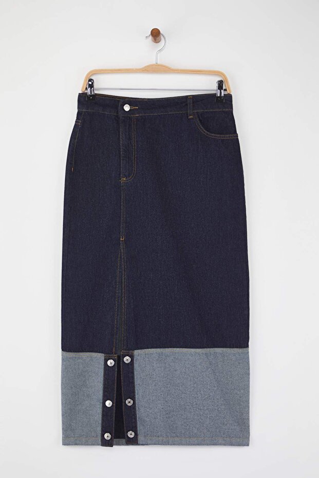 Koyu Mavi Asimetrik Kapama Midi Denim Etek TWOAW26ET00063 - 5