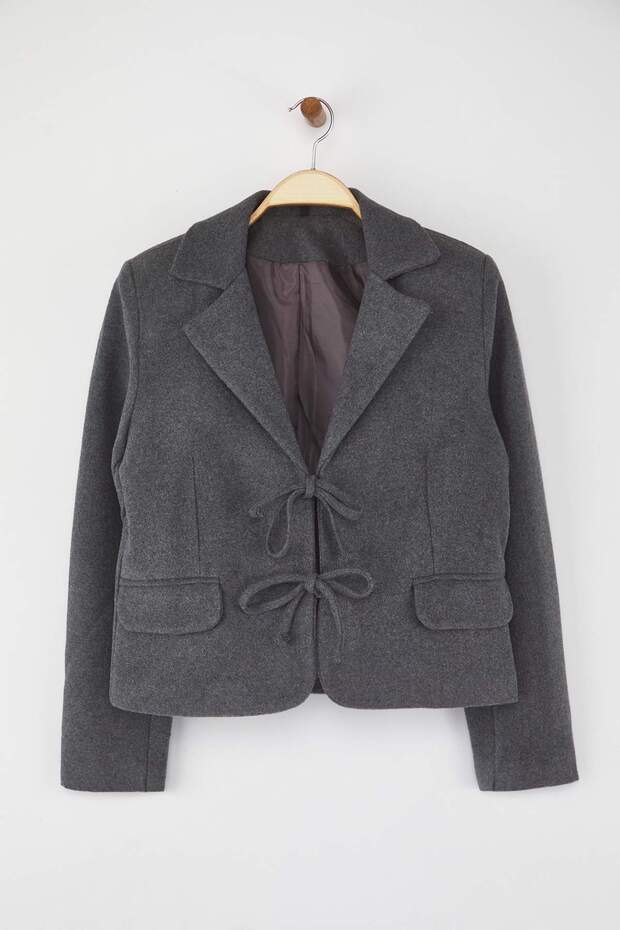 Antrasit Bağlama Detaylı Kısa Kaşe Dokuma Yünlü Blazer Ceket TWOAW26BC00017 - 5