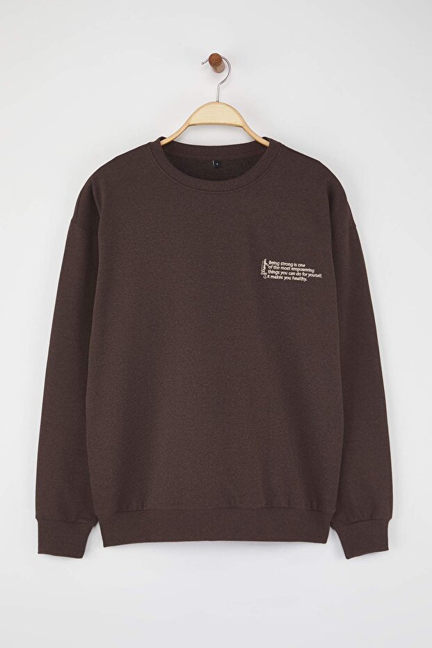 Kahverengi Oversize/Geniş Kesim Uzun Kol Yazı Nakışlı Sweatshirt TMNAW24SW00164 - 6