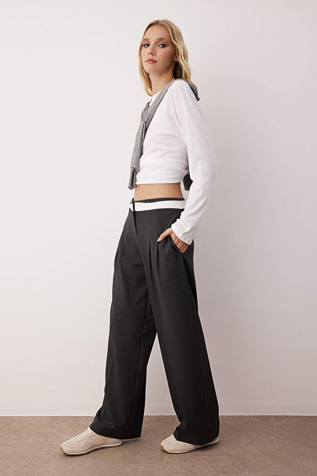 Antrasit Bel Ek Kumaş Detaylı Wide Leg/Geniş Paça Kumaş Pantolon TWOAW26PL00048 - 3