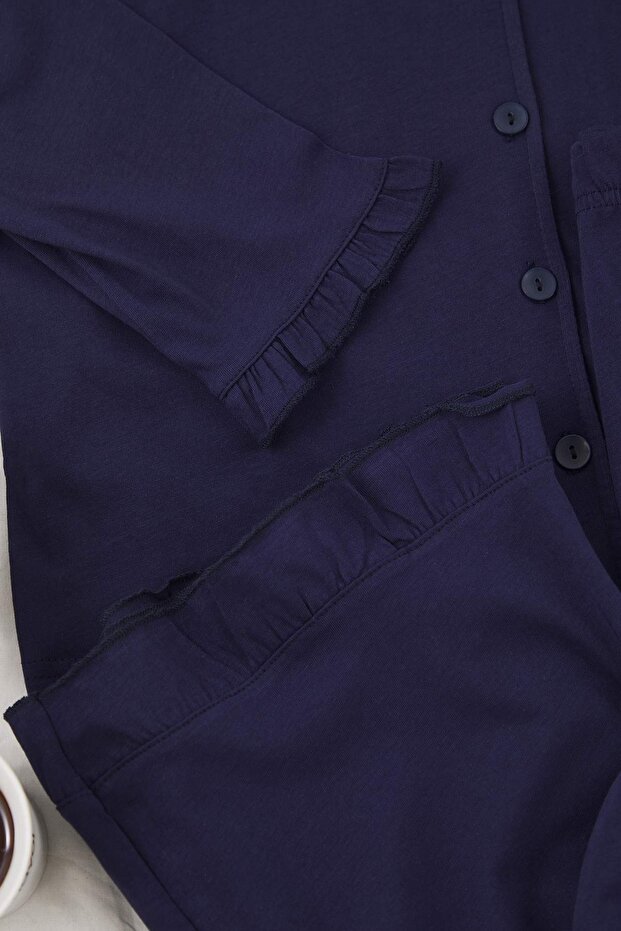 Lacivert Gömlek Yaka Volan Detaylı Örme Pijama Takımı TBBAW25AI00056 - 4