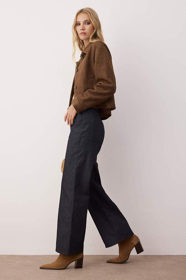 Koyu Mavi Nervür Detaylı Yüksek Bel Comfort/Esnek Wide Leg Jeans TWOAW26JE00140 - 2