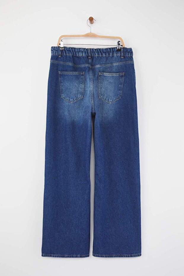 Koyu Mavi Yüksek Bel Beli Lastikli Geniş Paça Wide Leg Büyük Beden Jeans TBBAW26CJ00041 - 7