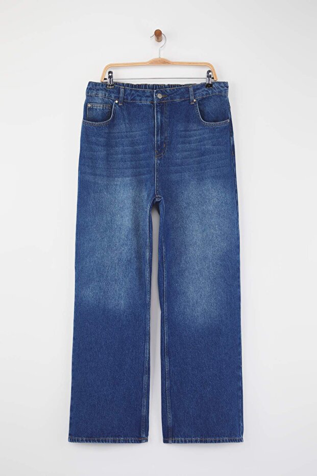 Koyu Mavi Yüksek Bel Beli Lastikli Geniş Paça Wide Leg Büyük Beden Jeans TBBAW26CJ00041 - 6