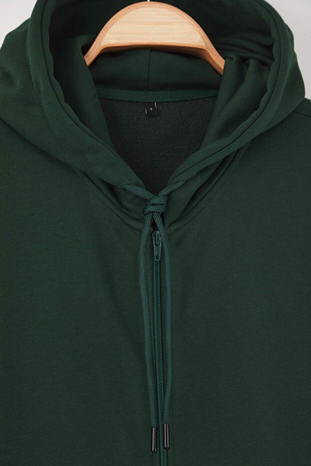 Koyu Yeşil Oversize/Geniş Kesim Fermuarlı Basic Şardonsuz Sweatshirt-Hırka TMNAW22SW0620 - 7