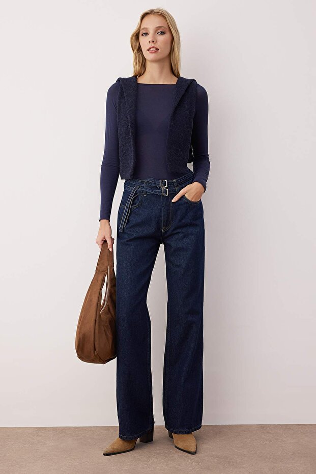 Koyu Mavi Yüksek Bel Kemer Detaylı Wide Leg Geniş Paça %100 Pamuk Non-Stretch Jeans TWOAW26JE00164 - 1