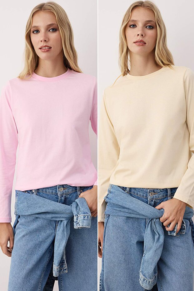 Açık Pembe-Taş 2'li Paket Bisiklet Yaka Regular/Normal Kesim Örme T-Shirt TWOAW25TS00001 - 1