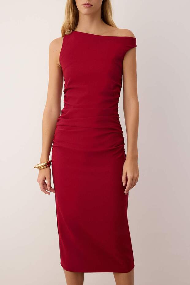 Bordo Düz Vücudu Saran Büzgü / Drape Midi Dokuma Elbise TWOSS25EL00264 - 3