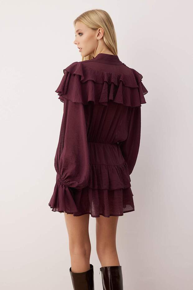 Bordo Fırfır Detaylı Boho Kısa / Mini Dokuma Elbise TWOAW26EL00309 - 4