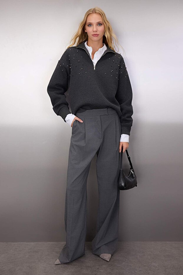 Antrasit Oversize/Geniş Kalıp Fermuarlı Taş İşleme Detaylı Kalın Örme Sweatshirt TWOAW26SW00040 - 2