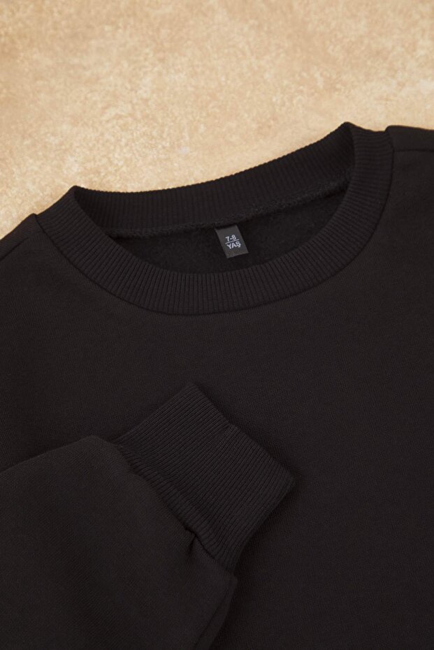Siyah Pamuklu Düz/Basic Şardonlu Örme Kız Çocuk Sweatshirt ve Eşofman Alt - Üst Takım TKDAW26AU00065 - 4