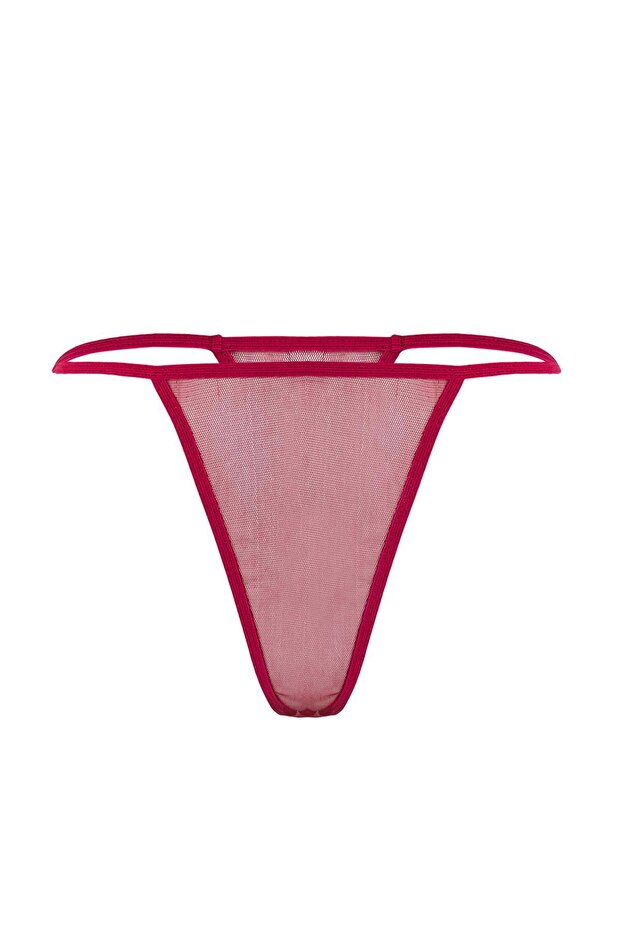 Bordo Kapsız Dantelli Tül/Mesh Askılı Külotlu Babydoll/Fantezi Gecelik THMAW26CY00001 - 6